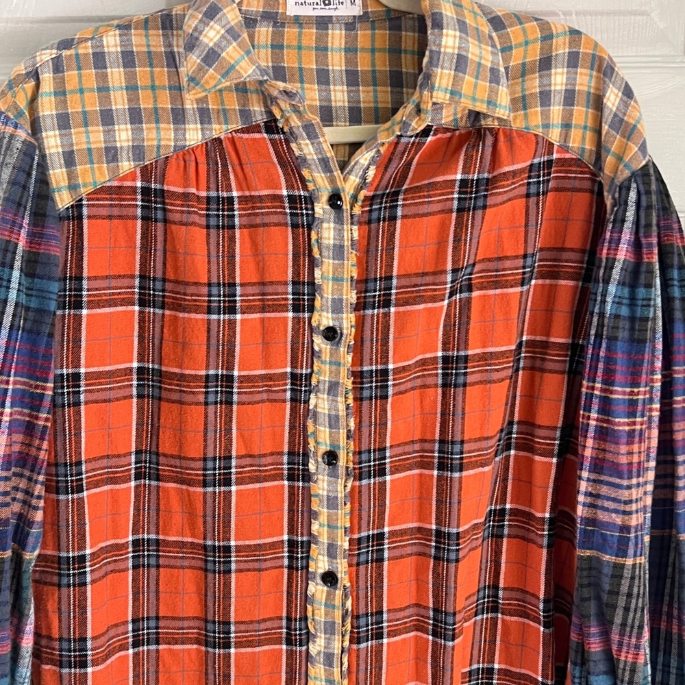 Natural Life Plaid Tunic Shirt M Womens Mixed Patchwork Flannel Orange Boho - Picture 4 of 10